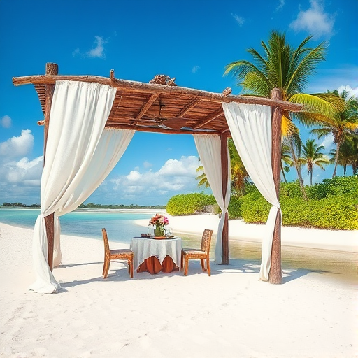 Create a picturesque tropical beach scene featuring a serene, white sandy shore. In the foreground, there's a rustic wooden canopy with white drapes gently flowing in the breeze. Underneath the canopy, a table is set with tropical decor, evoking a sense of relaxation and leisure. The beach extends into a calm, shallow water area with reflections of the sky and surroundings. Palm trees and lush greenery line the edge of the beach, providing a natural, tropical backdrop. The sky is clear with a few scattered clouds, and the overall atmosphere is tranquil and inviting, perfect for a peaceful retreat.