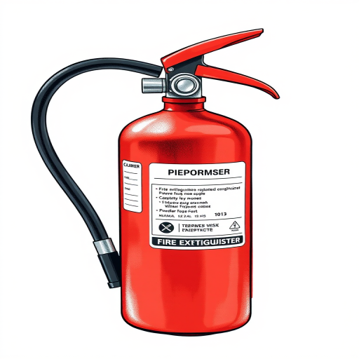 Create a detailed illustration of a red powder fire extinguisher, focusing on clear labeling in both English and Russian, with a white background, using a Canon EOS R5 camera with a 50mm lens, aperture f/2.8, ISO 100, and a slight top-down angle for emphasis on the texture and details of the extinguisher.