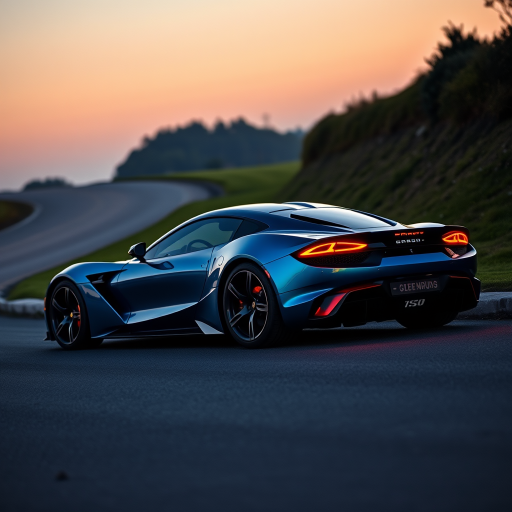 Generate an image of a luxury sports car parked on the side of a road during what appears to be dawn or dusk, given the soft light and shadows. The car should have a sleek design with aerodynamic features, a low-profile stance, and large, alloy wheels. It should display a contemporary color scheme, possibly a unique shade of blue that matches well with the ambient light in the setting. The vehicle's bodywork should gleam, reflecting the surrounding environment, and it should have distinctive lighting accents that enhance its sporty appearance. In the background, there should be a roadside with a grassy embankment on one side and possibly some trees or shrubbery along the edge of the pavement. The overall mood of the image should convey a sense of luxury, speed, and the tranquility of an early morning or late evening drive.