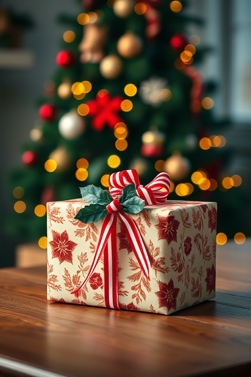 A beautifully wrapped Christmas present with red and white ribbon and holly on a wooden table, soft bokeh of a decorated Christmas tree in the background, captured using a Canon EOS R5 with a 50mm f/1.2 lens, aperture set to f/2.8, shutter speed 1/60s, ISO 200, in a warm light setting for enhanced details and quality.