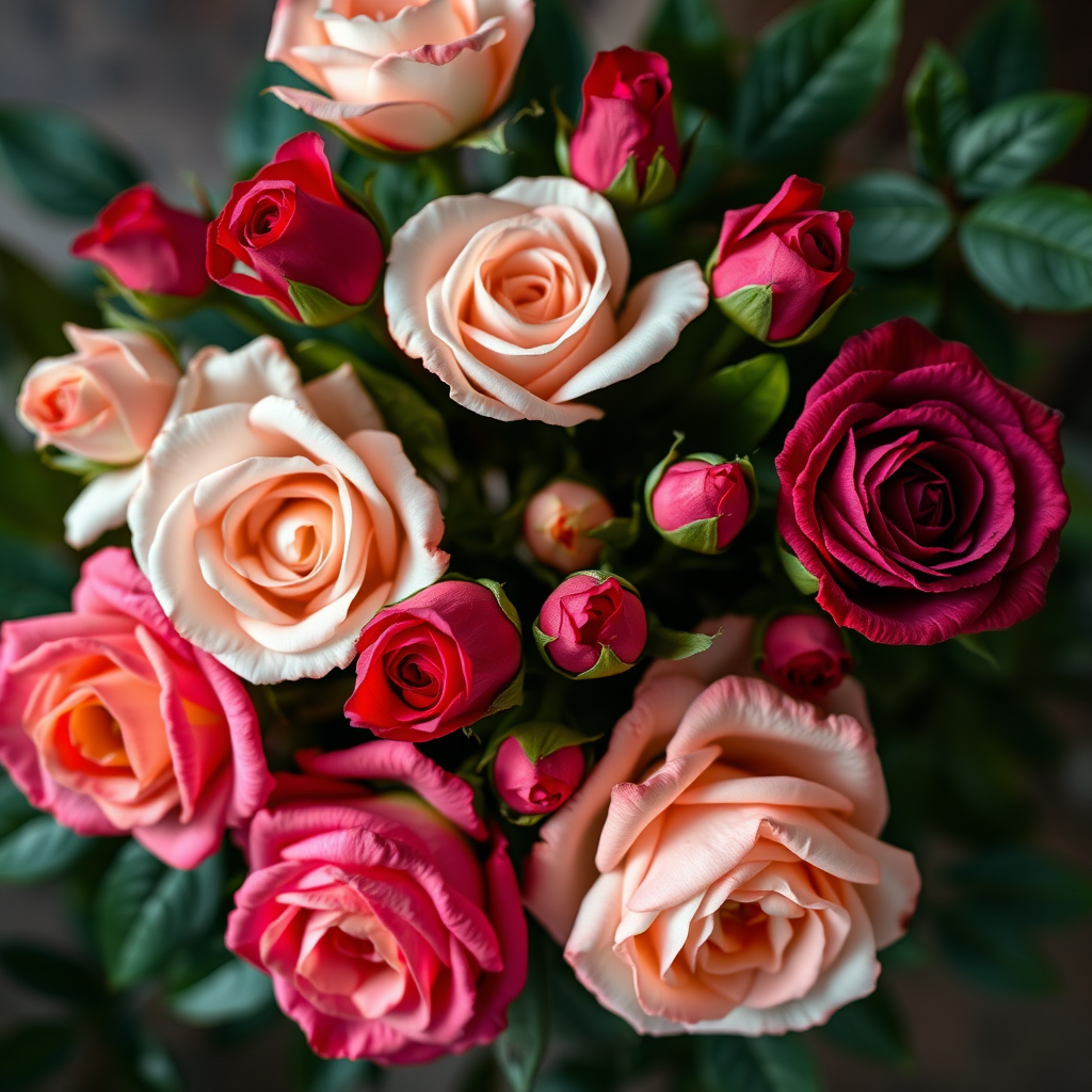 create a vibrant arrangement of roses in various stages of bloom with green leaves, using a DSLR camera with a 50mm lens, aperture set to f/2.8, ISO 100, natural light, shallow depth of field, top-down view.