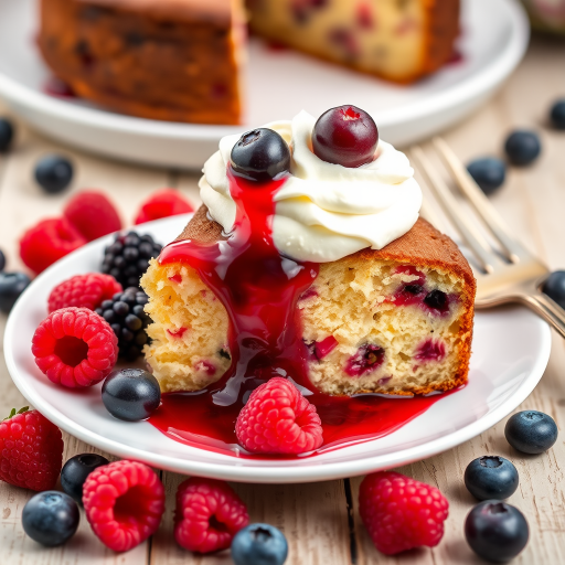 A slice of berry cake on a white plate topped with whipped cream and berry sauce, surrounded by fresh raspberries and blueberries, with a vintage fork beside it and a whole cake in the background.