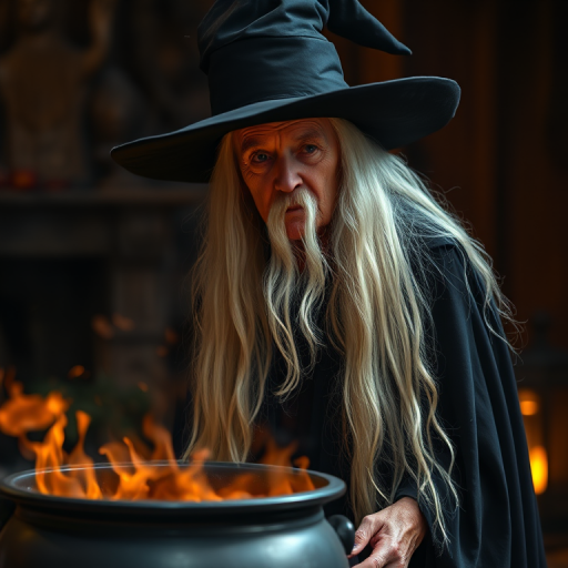 Create an image of a wise old witch with long white hair, wearing a dark hat and a flowing black cloak, standing by a bubbling cauldron in a fiery setting, shot with a Canon EOS R5, 50mm lens, f/1.8 aperture, ISO 100, in dramatic lighting with a warm color palette.