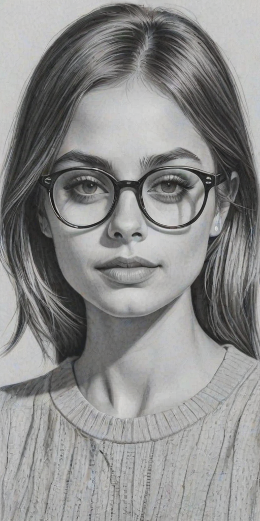 Sublime Willa Holland, pencil sketch, portrait of Elegant woman 1966s in glasses, hair style beatnik, outline, clear lines, fine lines, 8k
