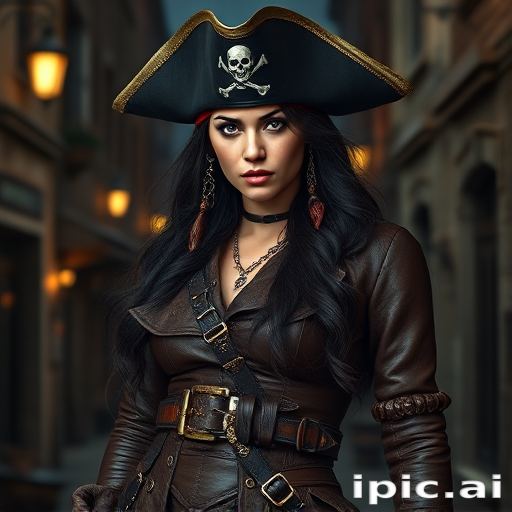 Create a portrait of a fierce female pirate. She wears a leather tricorn hat adorned with a skull and crossbones emblem, and her long, dark hair flows around her face. Her outfit consists of a richly detailed leather jacket, a corset, and multiple layers of belts and accessories, giving her a formidable and stylish appearance. She stands confidently in a dimly lit, historic port town, with a backdrop of weathered buildings and cobblestone streets, capturing the adventurous spirit of a pirate.