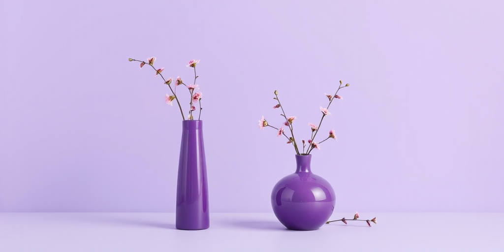 A minimalist setting featuring two purple vases, one tall and slender and the other short and round, adorned with delicate pink flowers and sprigs against a soft purple background, captured with a Canon EOS R5, 50mm lens, f/2.8 aperture, ISO 100, 1/125s shutter speed, natural light, front view for enhanced depth and detail.