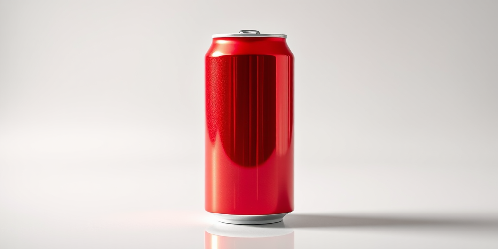Create a hyper-realistic image of a red soda can, with a slight reflective surface, captured with a Canon EOS R5, 50mm lens, f/1.8 aperture, ISO 100, in a well-lit studio setting to enhance the quality and detail.