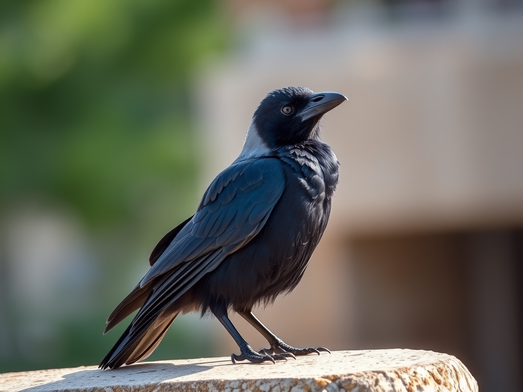 photograph a hooded crow perched on a stone ledge with a shallow depth of field, natural lighting, with a Canon EOS 5D Mark IV camera, 50mm lens, aperture f/2.8, ISO 200, shutter speed 1/500s, capturing vibrant colors and fine details of the feathers.