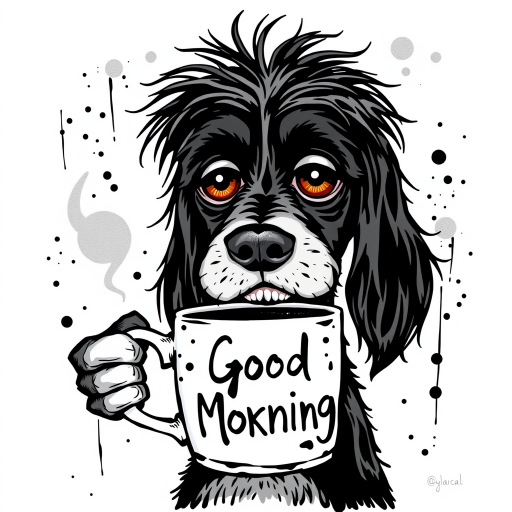 A quirky, artistic illustration of a disheveled field spaniel dog breed with exaggerated, large eyes and spiky fur, holding a coffee mug that reads "Good Morning". The dog has a tired but humorous expression, with ink splatters and abstract details surrounding it, giving a whimsical feel to the image. The color palette is mostly monochrome with hints of black in the eyes and steam rising from the mug, enhancing the overall sleepy vibe