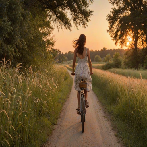 Quiet country road at sunset, tall grass swaying in the breeze, a woman rides a bicycle slowly down the path, her sundress fluttering behind her as the warm light bathes the landscape.