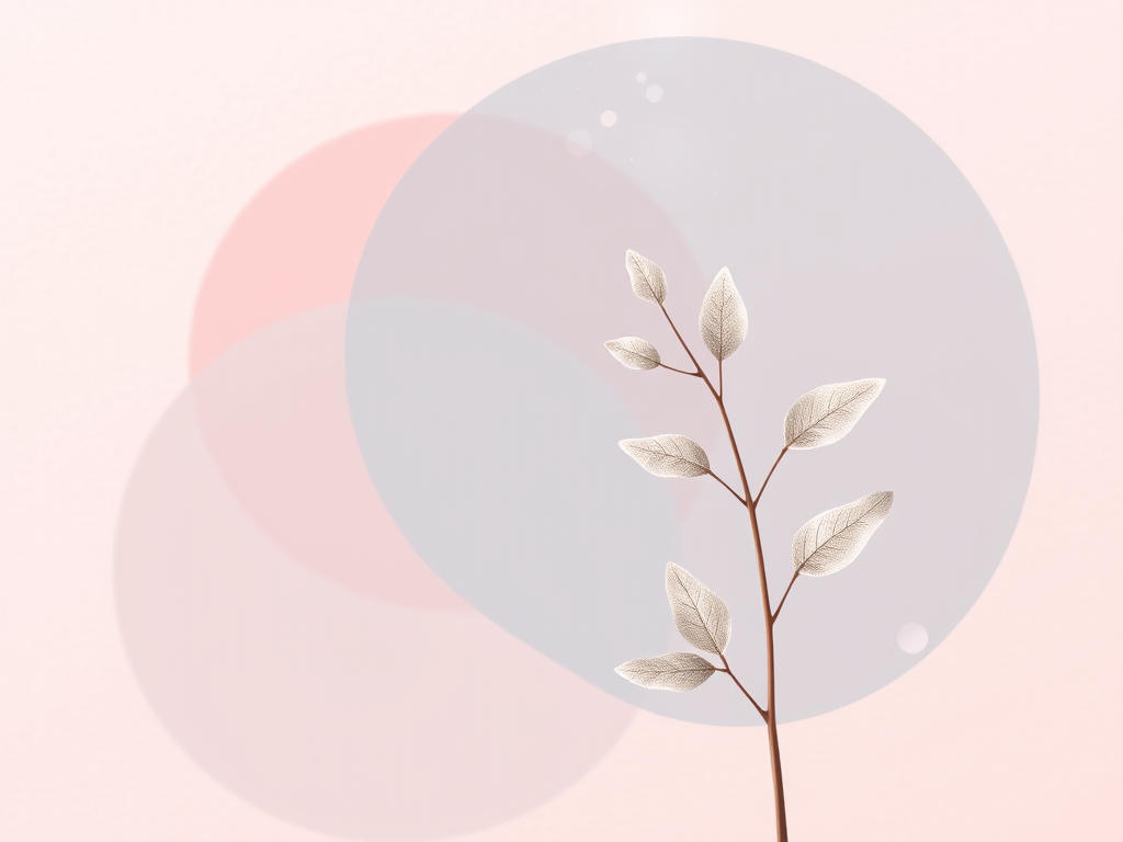 Create an elegant digital illustration of a stylized plant with delicate leaves against a softly textured background featuring overlapping pastel circles in pink and blue, incorporating subtle sparkling elements; use a DSLR camera with a 50mm lens, aperture f/2.8, ISO 100, and soft focus effect to enhance image quality and depth.