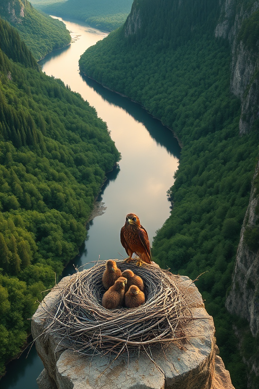 A majestic falcon stands guard over its nest of hatchlings on a cliffside, overlooking a winding river surrounded by lush green forests, captured with a Canon EOS R5, ISO 100, f/8, 1/250 sec, in natural light during golden hour, with a wide-angle lens for an expansive view.