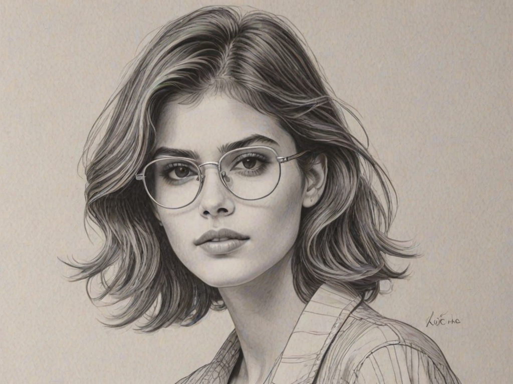 Radiant Kaia Gerber, pencil sketch, portrait of Resplendent woman 1980s in glasses, hair style beatnik, outline, clear lines, fine lines, 8k