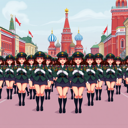 Cartoon 3D Military parade in Red Square in Moscow with military women wearing short skirts.