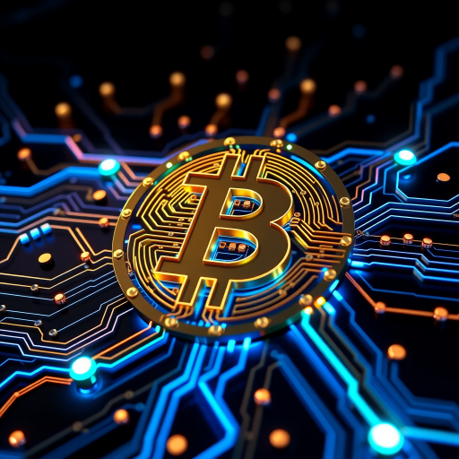 Imagine a Bitcoin symbol (₿) intricately designed as part of a futuristic, glowing circuit board. The ₿ is central, composed of metallic gold and silver lines, seamlessly blending into the web of circuits surrounding it. Blue and green LED-style lights trace through the circuits, making it look like Bitcoin is powering a digital network. The background is dark, with neon accents highlighting the tech vibe, symbolizing the digital and decentralized nature of Bitcoin