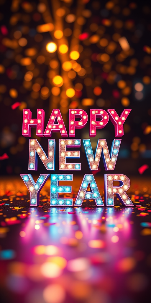 Create an image of vibrant 3D text saying "HAPPY NEW YEAR" with a sparkling confetti background, using a 50mm lens, aperture f/2.8, ISO 100, 1/250 sec exposure, in a wide-angle perspective with soft bokeh effect, and a DSLR camera style.