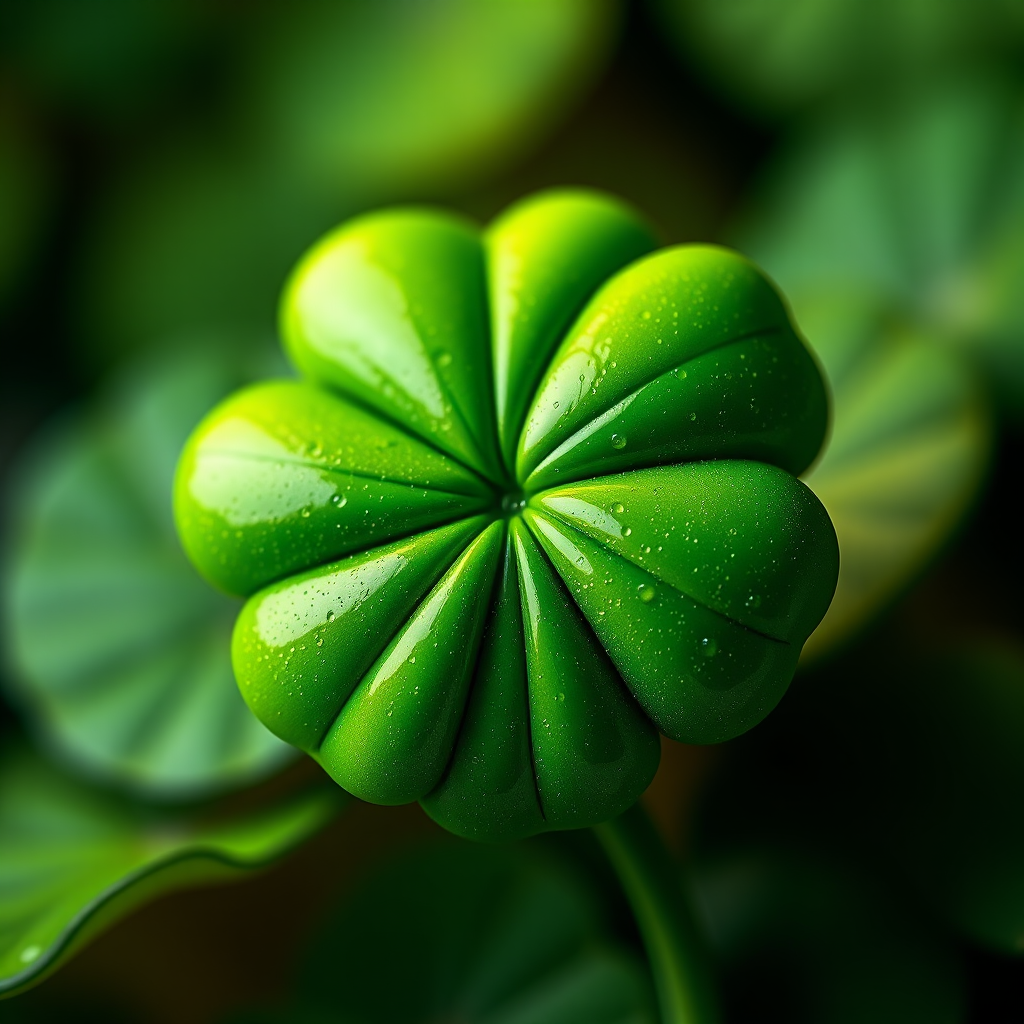 Create a high-resolution 3D rendering of a four-leaf clover with a glossy texture and vibrant green color, using a Canon EOS 5D Mark IV camera at f/5.6, ISO 100, 1/200 sec, with a shallow depth of field and a soft focus background to enhance the clover's details and depth.