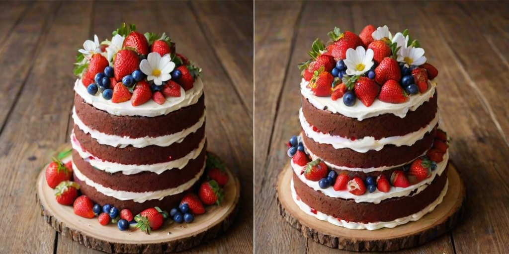 Create an image of a three-tiered cake with layers of red velvet and vanilla. The top is adorned with fresh strawberries and edible flowers. Use a rustic wooden background to enhance the presentation, and include a few scattered strawberries around the base of the cake.