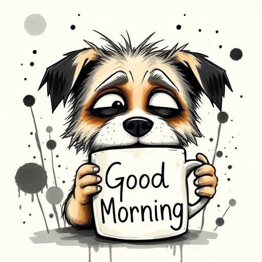 A quirky, artistic illustration of a disheveled puggat dog breed with exaggerated, large eyes and spiky fur, holding a coffee mug that reads "Good Morning". The dog has a tired but humorous expression, with ink splatters and abstract details surrounding it, giving a whimsical feel to the image. The color palette is mostly monochrome with hints of black in the eyes and steam rising from the mug, enhancing the overall sleepy vibe