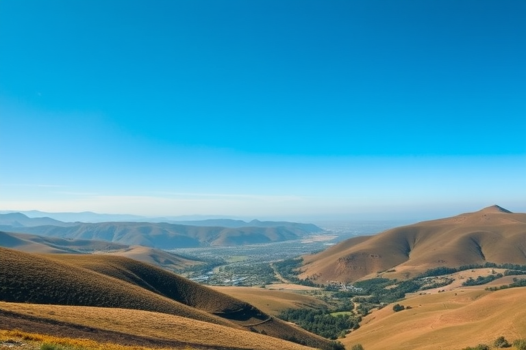 Generate an image of a serene landscape featuring rolling hills and a clear blue sky, captured with a Canon EOS R5 at 24mm, f/8, ISO 100, using a wide-angle lens for vibrant colors and sharp details.