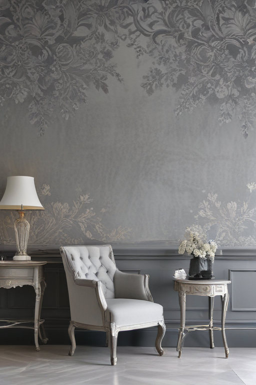 Elegant Living Room with Gray Floral Wallpaper and Classic Furniture Decor.
