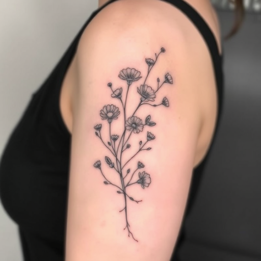 Delicate fine line tattoo titled "Whisper of Nature" depicting a detailed botanical illustration of wildflowers and vines with ultra-thin strokes and minimal shading creating a subtle and elegant design