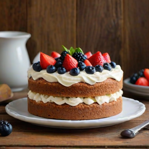 Create an image of a delicious cake with a smooth, creamy frosting on top. The cake is layered and features a crumbly topping, with bits of fruit peeking through. Surround the cake with fresh fruit and a rustic wooden background to enhance the cozy, homemade feel.