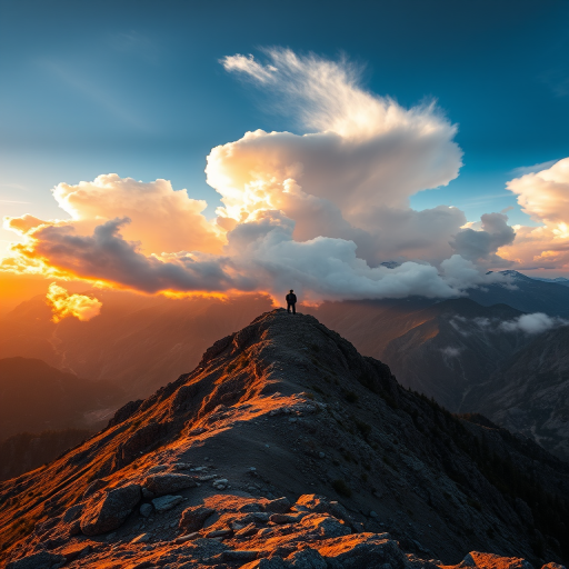 Regenerate a stunning mountainous landscape at golden hour with dramatic cloud formations, a lone figure on a peak, using a Canon EOS R5, ISO 100, aperture f/8, shutter speed 1/200s, angled view for depth, high dynamic range photography style for enhanced contrast and color vibrancy.