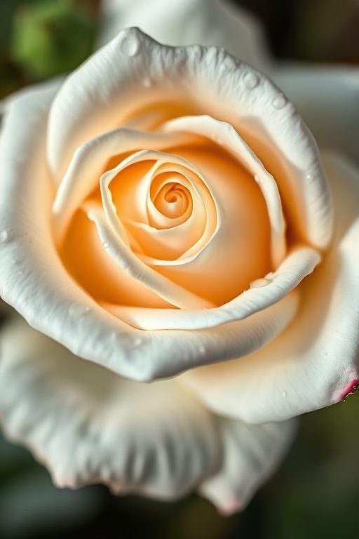 close-up shot of a white rose with water droplets on the petals, natural light, aperture f/2.8, shutter speed 1/200 sec, ISO 100, macro lens, DSLR camera, shallow depth of field, soft focus background