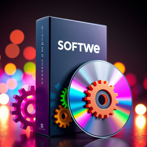 Create an image of a software box and a disk, with bright colorful gears in a modern design, captured with a DSLR camera at f/2.8, ISO 100, 50mm lens, and a slight top-down angle for depth.