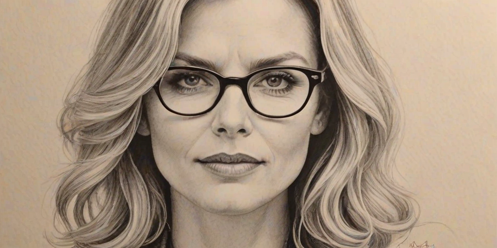 Charming Michelle Pfeiffer, pencil sketch, portrait of Gorgeous woman 1939s in glasses, hair style beatnik, outline, clear lines, fine lines, 8k
