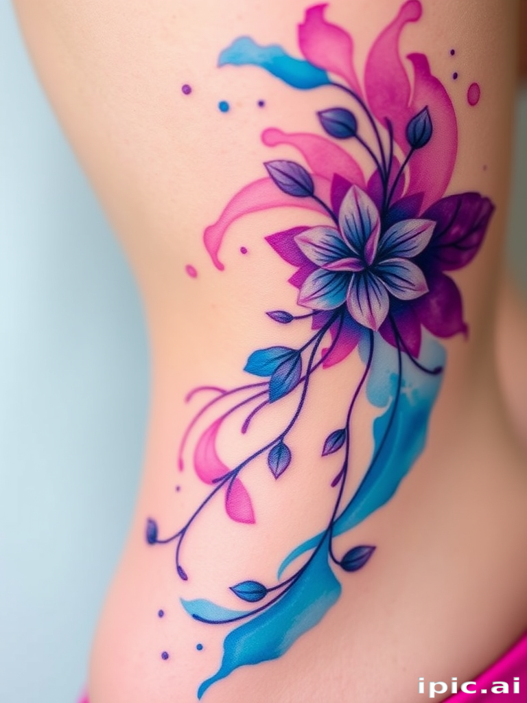 Vibrant watercolor splash tattoo named "Chromatic Cascade" featuring fluid brushstrokes of vivid turquoise blue fading into rich purple and magenta hues creating an abstract floral design with delicate petals and leaves swirling across the skin seamlessly blending into the natural contours of the body with soft edges and translucent layering techniques giving a dreamy ethereal quality to the overall composition