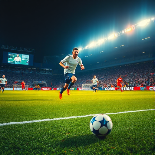 Generate an action shot of a soccer player running on the field during a match, with dynamic lighting and vibrant colors, using a DSLR camera at 1/1000s shutter speed, f/4 aperture, ISO 800, 50mm lens, and a low angle view to emphasize movement and energy.