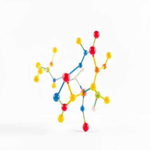 Create a high-resolution 3D molecular structure representation with bright colors emphasizing atoms, place the structure against a plain white background, use a DSLR camera with a 50mm lens at f/8, ISO 100, and a slight tilt shift to enhance depth of field.