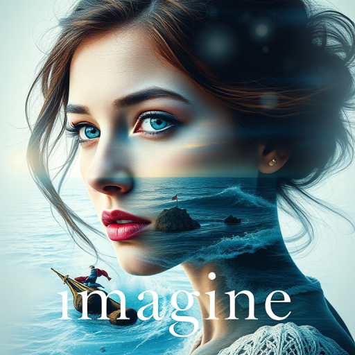 imagine Book cover, A surreal double exposure portrait that blends a woman's face with a beautiful seascape. The overall mood is dreamy and mystical, with rich colors and intricate details