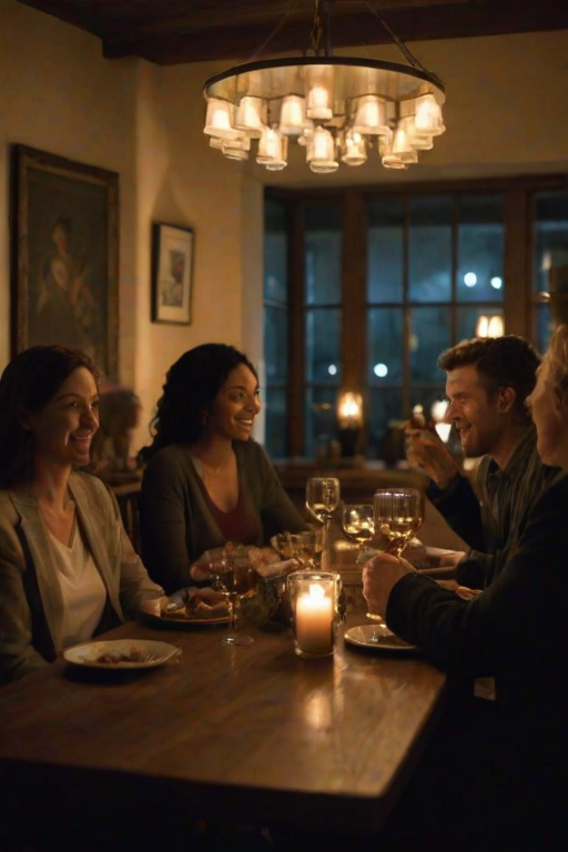 Low-light, intimate image of a group of friends sitting around a table in a dimly lit restaurant, soft glow from candles reflecting off wine glasses, quiet laughter and conversation filling the room, shadows flickering on the walls from the candlelight.