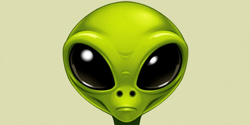 Create a high-resolution illustration of a green alien head with large black oval eyes, using a digital drawing style, shot from a frontal view at 300 DPI, with a soft focus effect and vibrant color saturation.
