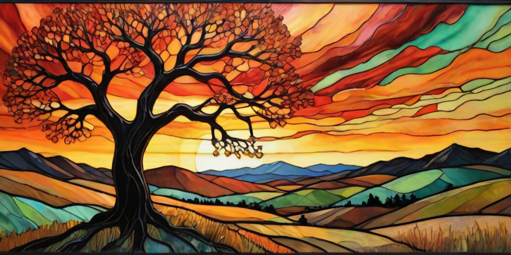 A vibrant abstract painting on Tiffany Glass, blending acrylic and alcohol ink techniques, captures a dramatic sunset over rolling hills. The artwork features a textured, rocky foreground in green and brown, layered abstract hills, and a striking sunset in rich oranges, yellows, and reds. A solitary black tree with intricate branches contrasts against the fiery sky, creating a dynamic and expressive portrayal of a breathtaking natural scene.