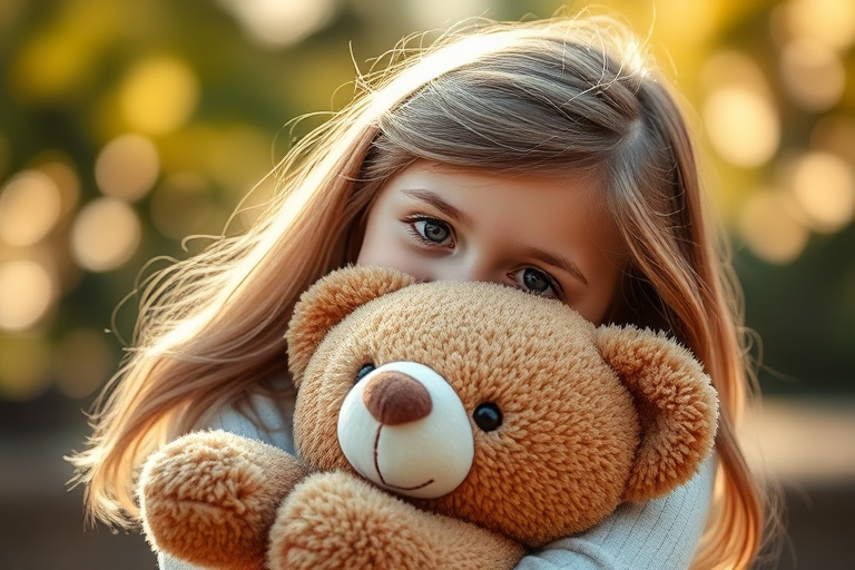 capture a portrait of a young girl hugging a teddy bear, soft natural light, bokeh background, aperture f/1.8, shutter speed 1/200s, ISO 100, portrait lens on DSLR