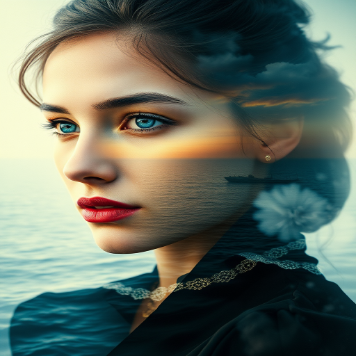 this photo is Book cover, A surreal double exposure portrait that blends a woman's face with a beautiful seascape. The overall mood is dreamy and mystical, with rich colors and intricate details