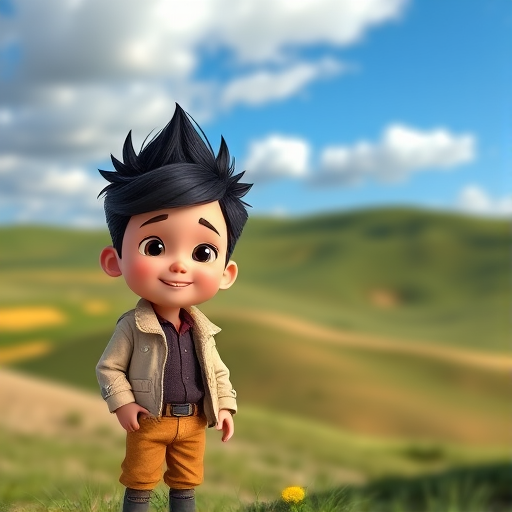 Create a cute cartoon character of a young boy with spiky black hair, wearing a light jacket and brown pants, standing happily in a colorful landscape with rolling green hills and a blue sky adorned with fluffy white clouds, captured with a DSLR camera at f/2.8 aperture, 50mm lens, ISO 100, natural lighting, vibrant colors, and a slightly shallow depth of field for enhanced focus on the character.