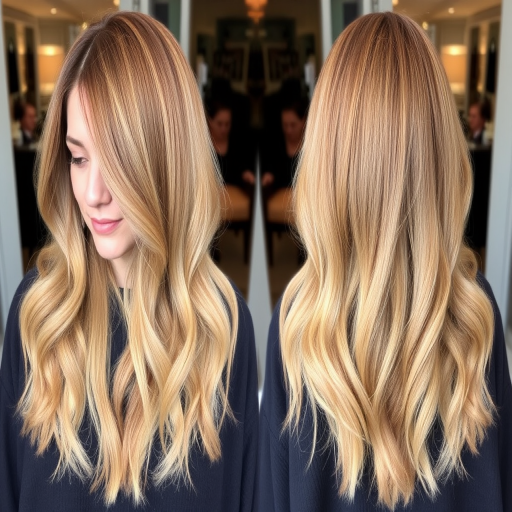 Soft honey blonde balayage on a long shag haircut, Golden Hour Shag style, blending warm tones with face-framing layers and textured ends for a lived-in look
