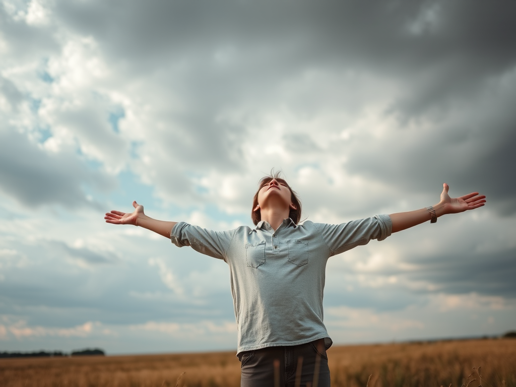 Regenerate an image of a person standing with arms outstretched in an open field under a cloudy sky, using a DSLR camera with a 50mm lens, aperture set to f/2.8, shutter speed of 1/1000s, ISO 100, and a slight upward angle for a warm, soft focus effect.