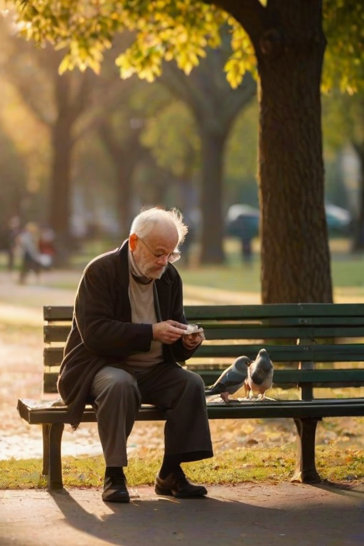 Blurry candid shot of an old man sitting on a park bench feeding pigeons, soft golden light from the setting sun reflecting off the nearby pond, with trees softly swaying in the background.