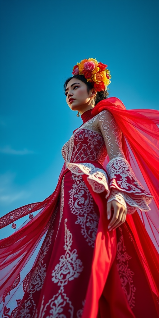 Create a high-resolution image of a model in an elaborate costume with intricate lace details, featuring a flowing red cape and a vibrant floral headpiece, captured with a DSLR camera at f/2.8 aperture, 50mm lens, ISO 100, shot from a low angle against a dramatic blue sky backdrop.