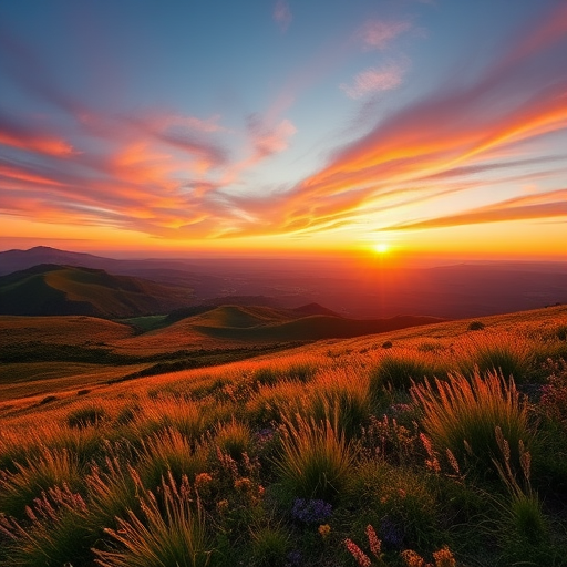Generate a high-resolution image of a serene landscape at sunrise with vibrant colors, using a Canon EOS R5, 24mm f/1.4 lens, ISO 100, aperture f/8, and shutter speed 1/100 sec, shot in landscape orientation to enhance depth and detail.