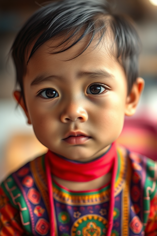 Capture a portrait of a young child wearing a colorful traditional outfit, with soft natural lighting, shallow depth of field to emphasize the child's expression, focal length 50mm, aperture f/1.8, ISO 200, in a candid style, using a DSLR camera.