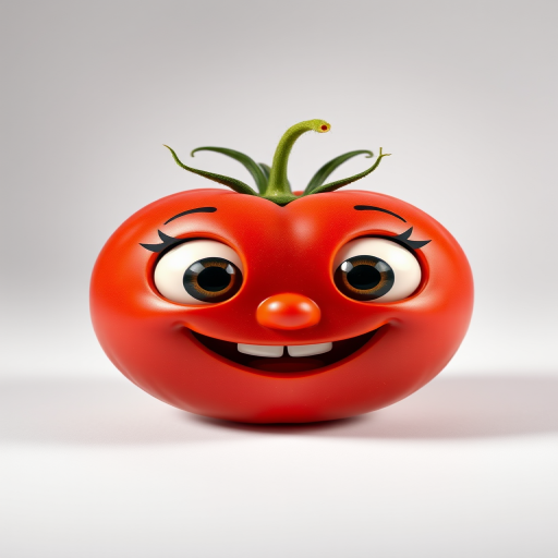 create a cartoon-style image of a happy tomato with large eyes and a smiling mouth, use a DSLR camera with a 35mm lens, aperture f/2.8, ISO 100, set in a softbox lighting environment, focused on a clean white background