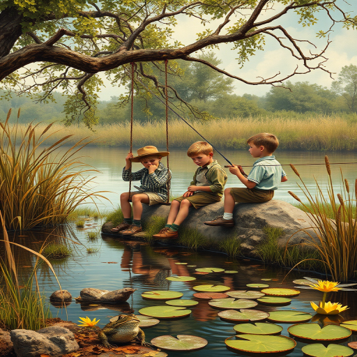 Imagine a small group of old fashioned young boys out fishing by the creek, a swing hanging from a tree branch, reeds and grasses by the water's edge, a frog sitting on a lily pad, dragonflies hovering over som water plans, a very iconic old fashioned scene reminiscent of a Norman Rockwell painting style