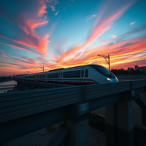 High-speed train crossing a bridge at sunset, with vibrant colors in the sky, captured with a Canon EOS R5, 24-70mm lens, f/8, ISO 100, 1/250s, wide-angle view for depth and clarity.